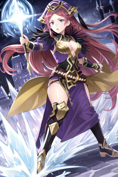 masterpiece, <lora:loki-10:0.9>, loki fe, 1girl, solo, looking at viewer, (turning kick attack:1.2), castle setting, :o, braid, dress, feather trim