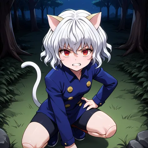 score_8_up, score_7_up, score_6_up, source_anime,<lora:pony_good_hands:0.5>,good_hands, better_hands,
8k, (Max resolution, Masterpiece, perfect lines, high-res, absurdres, incredible quality,detailed_eye_model, High detailed skin, High detailed background:1.0),uncensored,(one hand is 3 finger and 1 thumb:1),
outdoors, rocky area,trees,night,grass,
(medium breasts :1.2),
1girl,girl focus,
hxhpitou, short hair, animal ears, cat ears, androgynous, cat tail, red eyes, white hair, curly hair, doll joints<lora:Neferpitou_HxH_-_2011_anime_accurate_style:0.8>
blue jacket, bike shorts,squatting,Gold Buttons jacket,long socks,blue footwear,
teeth, detailed teeth,(half-closed eyes:1.2) ,angry,
put hand on hip, Put your hand on the ground,detailed hands,
(from above:1.2), looking at viewer, close up face,
girl,(skinny girl:1.0),