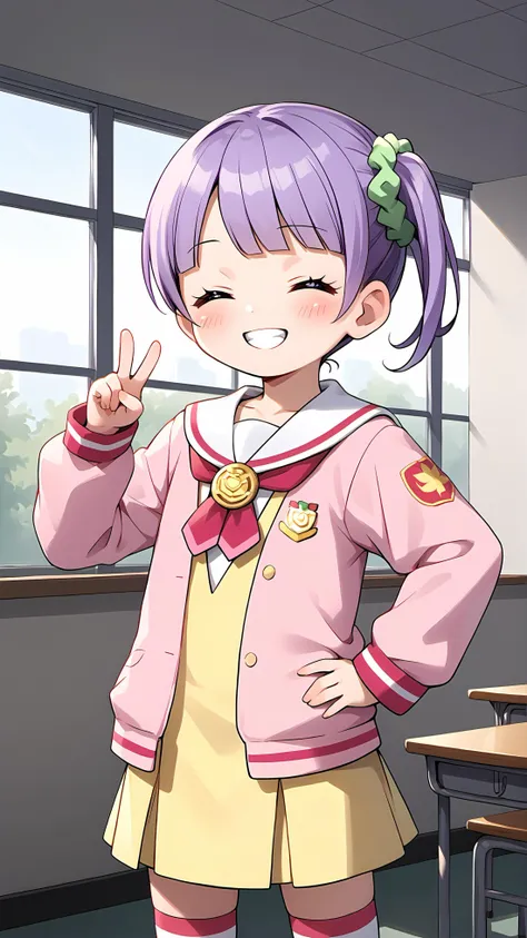 score_8_up, score_7_up, score_6_up, source_anime,<lora:pony_good_hands:0.5>,good_hands, better_hands,
8k, (Max resolution, Masterpiece, perfect lines, high-res, absurdres, incredible quality,detailed_eye_model, High detailed skin, High detailed background:1.0),uncensored,(one hand is 4 finger and 1 thumb:0.5),
indoors,school room,window, modern room,
(very flat chest:1.2),
1girl,girl focus,
manaka non,bangs, side ponytail, hair ornament, purple hair, purple eyes, hair scrunchie<lora:_manaka_non-elesico-pony:0.8>
school uniform, white sailor collar, yellow dress, pink jacket, thighhighs, striped, 
standing,one arm front up and one arm on hips,happy, light smile, teeth, detailed teeth,(closed eyes:1.2), (contrapposto,upper body:1.2), 
hand on own hip, detailed hands,
child girl,(skinny girl:1.0), <lora:skinny_body:0.1>  <lora:pony-contrast+saturation_adjust-mki:-2>