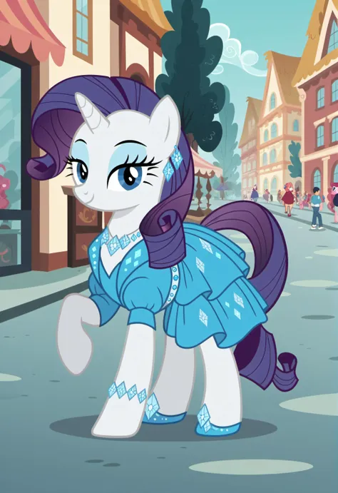 score_9, score_8_up, score_7_up, score_6_up, score_5_up, score_4_up, rarity walking in a fashion show, blue dress, pony, show accurate, solo