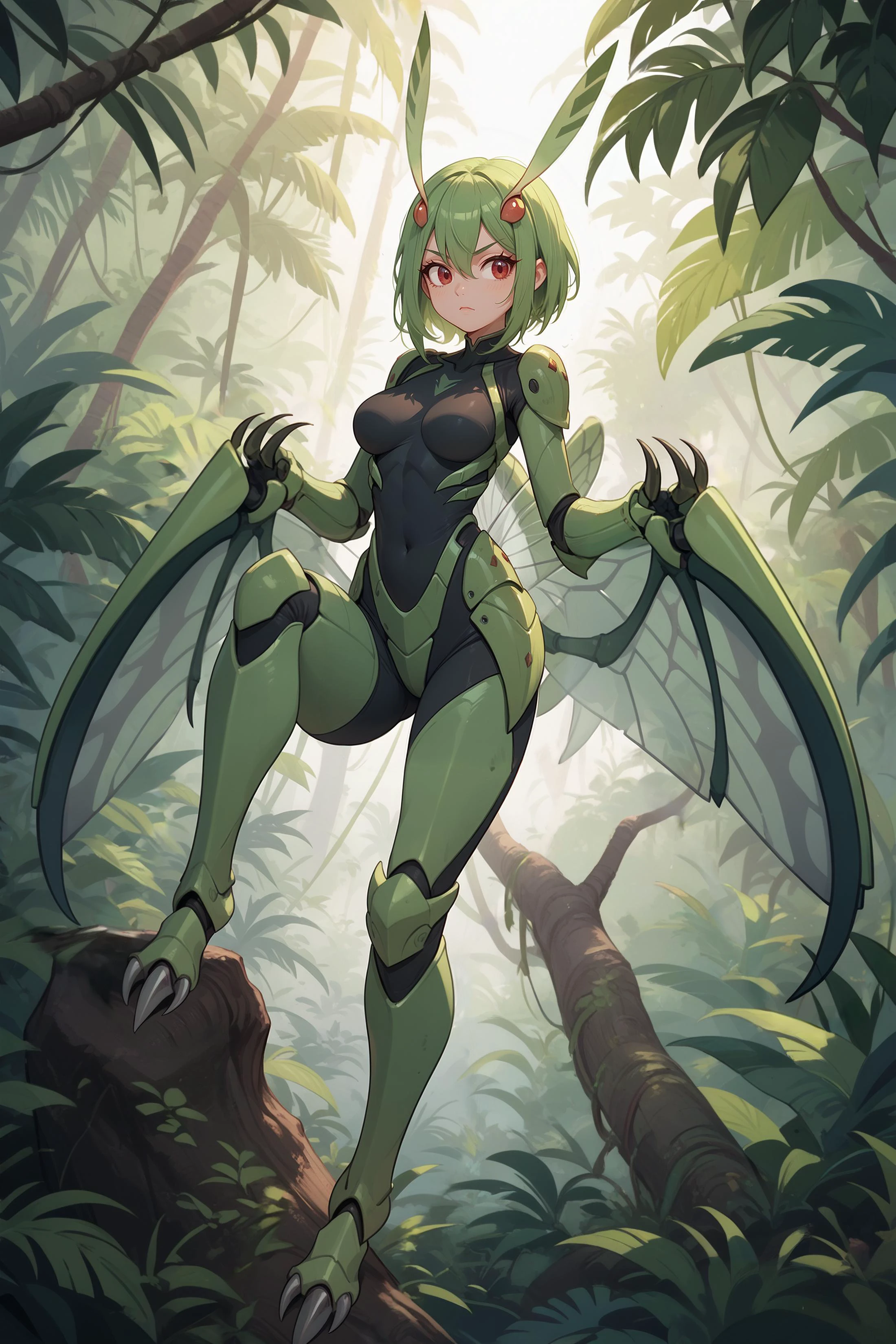 1girl, red eyes, mantis girl, full body,(metal blades), jungle, insect wings, 2 legs, armor plates, insect armor, bodysuit, standing on tree, dynamic pose, medium breasts, blade arms, (metal claws), <lora:visualnovel_pony_SDXLPONY_r12_768_dim32-a1-adamW:0.4> visualnovel_pony,, score_9, score_8_up, score_7_up