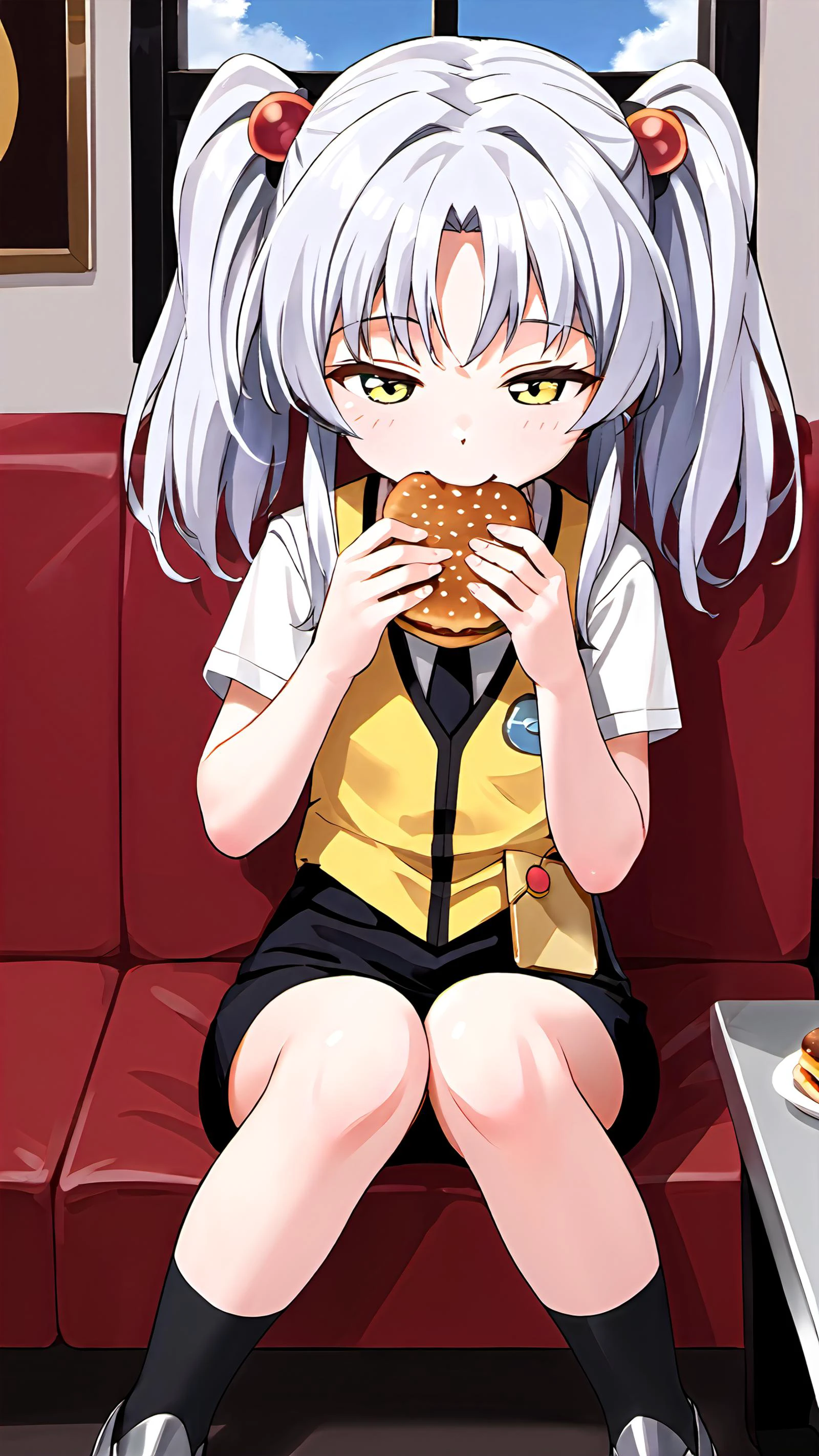 score_8_up, score_7_up, score_6_up, source_anime,<lora:pony_good_hands:0.5>,good_hands, better_hands,
8k, (Max resolution, Masterpiece, perfect lines, high-res, absurdres, incredible quality,detailed_eye_model, High detailed skin, High detailed background:1.0),uncensored,(one hand is 4 finger and 1 thumb:0.5),
indoors, restaurant of McDonald's,blue sky on window,
(small breasts :1.2),
1girl,girl focus,
hoshino_ruri,silver hair, yellow eyes, twintails, long hair, hair ornament, <lora:HOSHINO_ruri_PONYXL:0.7>
short sleeves yellow vest, black miniskirt,socks,footwear,,
(half-closed eyes:1.2) ,light smile, sitting sofa,detailed hands,
red sofa, desk,jermawhopper, (holding food:1.2),eating,
close up face,
girl,(skinny girl:1.0), <lora:jermawhopper-pdxl-nvwls-v1:0.8>