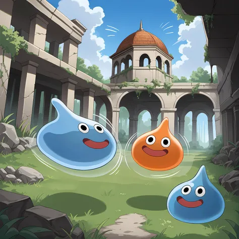 score_9, score_8_up, score_7_up, source_anime,
(no humans:1.5), dqslime, slime \(creature\), smile, outdoors, grass, sky, ruins,
smile, parent and child,monsters family,slimes,Transparent slime,open mouth, monsters
motion blur,motion lines,movement lines,Jumping, bouncing,blue smile and orange smile ,(orange smile:1.2)
<lora:SlimeDQ-pdxl:0.8>