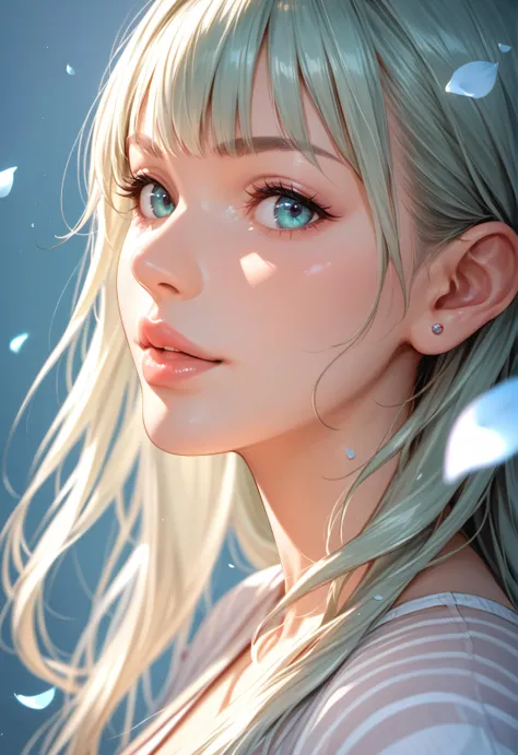 score_9, score_8_up, score_7_up, Girl's profile picture, light green long hair with bangs, light blue petals on cheeks, realistic skin texture, detailed picture, close-up, HD32k