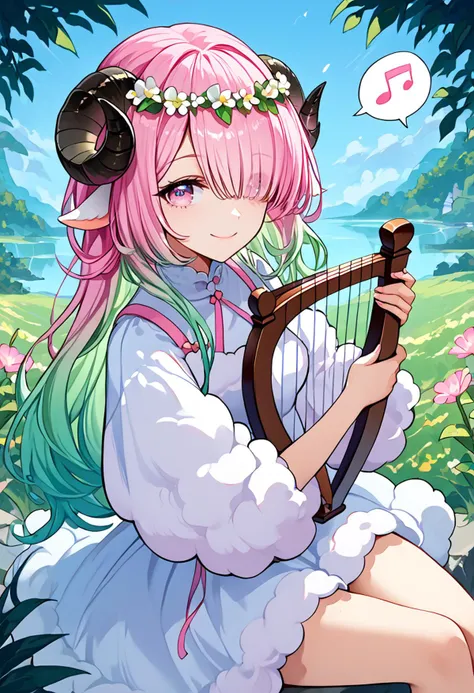 1girl,solo focus,<lora:monmusu_sheep_girl_pony_v14:1>,suggestive,sheep girl,thin sheep horns,flower,head wreath,sheep ears,white fur,pink hair,green hair,long bangs,hair over one eye,gradient hair,multi-tied hair,pink eyes,flower eyes,<lora:pony_good_hands:1>,good_hands,bard,bard clothing,
holding harp,playing harp,sitting on a stone,hill,green hills,looking at viewer,smile,spoken musical note,
<lora:Pony_DetailV2.0:2>,, score_9, score_8_up, score_7_up, perfect anatomy, source_anime, zPDXL2,