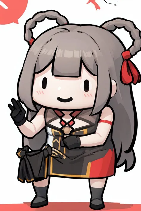 masterpiece, best quality, absurdres, 1girl, solo, chibi, yandef, hair rings, hair ribbon, china dress, black gloves, half gloves, smug, smile, <lora:yan-nikke-richy-v1:1.0>, <lora:style_walfie-20:1.0>
