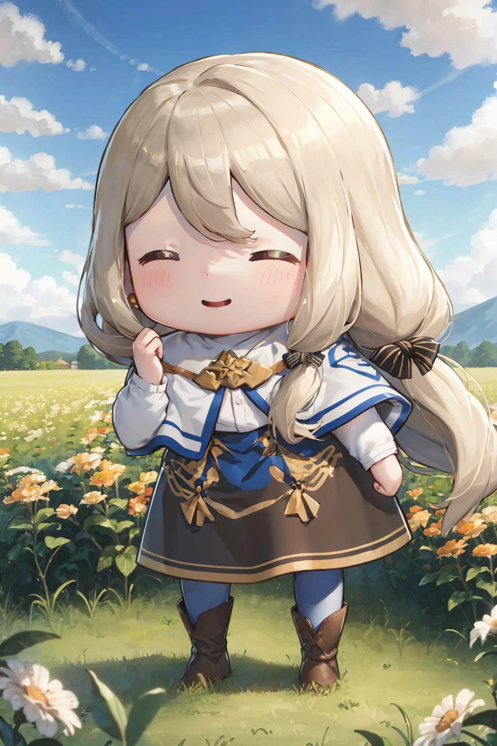 masterpiece, best quality, <lora:style_walfie-20:1> chibi <lora:mercedes-nvwls-v2-final:0.8> defMercedes, capelet, hair bow, white shirt, black skirt, blue leggings, brown boots, standing, looking at viewer, smile, field, sky