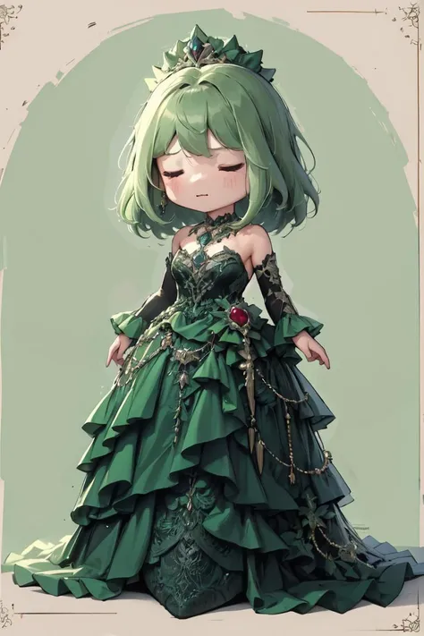 masterpiece, best quality, absurdres, 1girl, solo, chibi, green hair, medium hair, wrenchelegadome, long dress, frills, jewelry, full body, <lora:wrenchelegadome:1.0>, <lora:style_walfie-20:1.1>