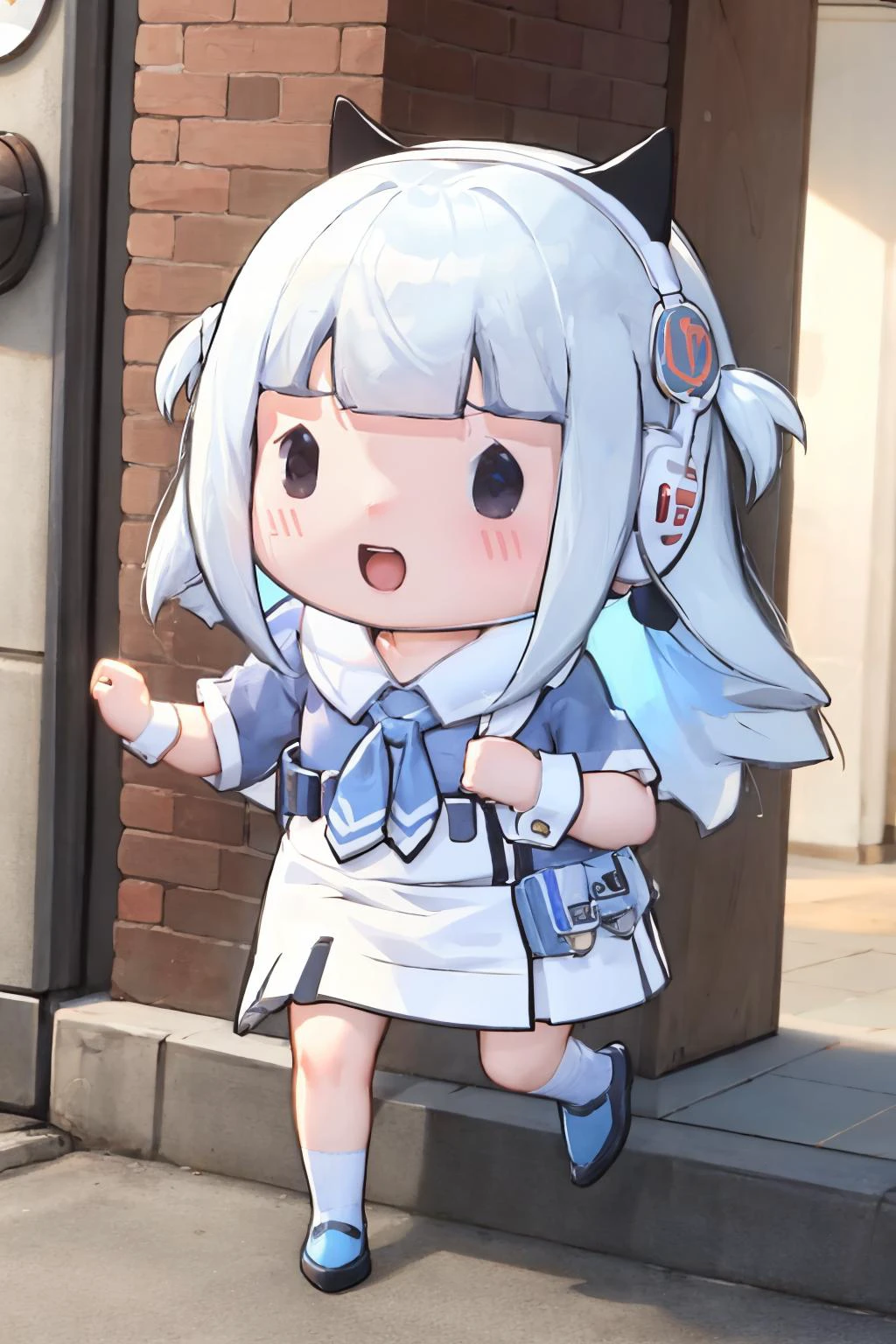 masterpiece, best quality, <lora:style_walfie-20:1.1> chibi <lora:shifty-nvwls-v1-final:0.8> shifty, cat ear headphones, blue shirt, sailor collar, white skirt, wrist cuffs, socks, sneakers, running