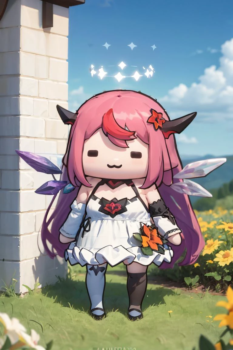 masterpiece, best quality, absurdres, chibi, IrysBase, long hair, double halo, detached wings, white dress, detached sleeves, bare shoulders, flower, purple thighhighs, :3, smile, <lora:CHAR-IRySv2:1.0>, <lora:style_walfie-20:1.0>
