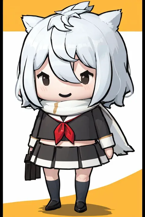 masterpiece, best quality, absurdres, 1girl, solo, chibi, maya, school uniform, white scarf, black serafuku, pleated skirt, smug, smile, <lora:style_walfie-20:1.0>, <lora:maya-al-richy-v1:1.0>