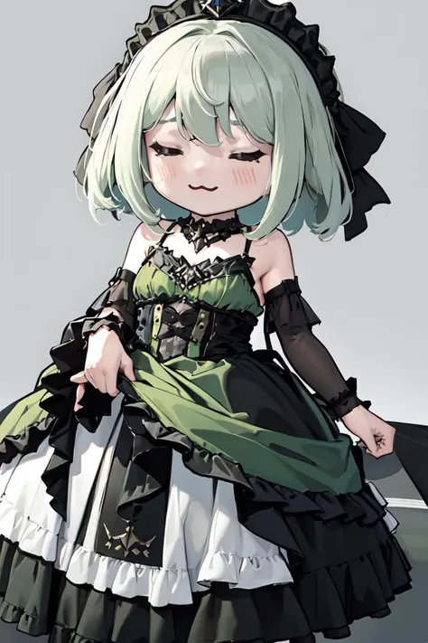 masterpiece, best quality, absurdres, 1girl, solo, chibi, wrenchlogown, green dress, embroidery, jewelery, gown, frills, green hair, smug, :3, smile, <lora:wrenchlogown:1.0>, <lora:style_walfie-20:1.1>