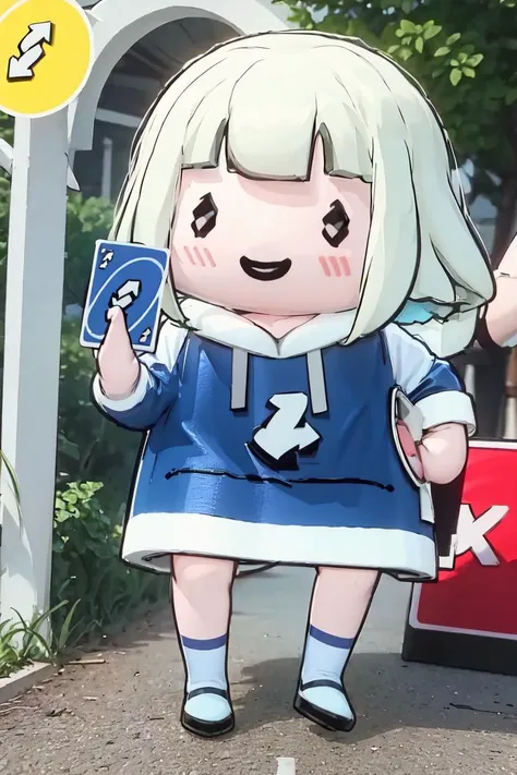 masterpiece, best quality, absurdres, 1girl, solo, chibi, IncrRvrsCard, holding, card, holding card, playing card, arrow \(symbol\), green hair, hoodie, shorts, smile, smug, <lora:style_walfie-20:1.1>, <lora:UnoReverseCard:1.1>