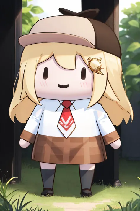 (masterpiece, best quality:1.2), chibi, <lora:style_walfie-20:1.1>, solo, 1girl, amelia watson, smile, monocle hair ornament, hat, amelia_detective, collared shirt, red necktie, plaid skirt, thighhighs <lora:ame-10:0.8>