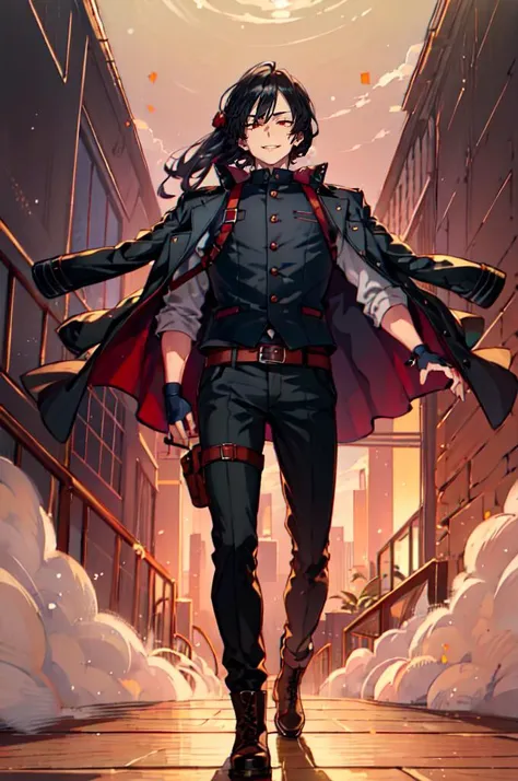 <lora:ShiokonbuV71:1>, ultra detailed, masterpiece, best quality, aesthetic, detailed,, solo, smug smile, 1boy, red eyes, <lora:Tsurime3:0.7>, (tsurime:1.2), black hair, undercut, top knot, parted bangs, long bangs, bangs, short hair, hair intakes, tall,, <lora:StS-Coat-and-Jacket-On-Shoulders-Iteration2:0.7> dataset, jacket on shoulders, (coat on shoulders:1.3), black coat, dress shirt, sleeves rolled up, fingerless gloves, holster, pants, belt, multiple belts, combat boots, bulletproof vest, tactical clothes,