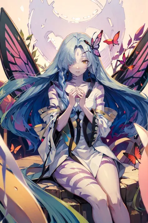 <lora:ShiokonbuV71:1> <lora:RtPL-Ursula:1> ursula_(riviera), long_hair, bandages, sarashi, very_long_hair, hair_over_one_eye, butterfly_wings,, ultra detailed, masterpiece, best quality, aesthetic, detailed,