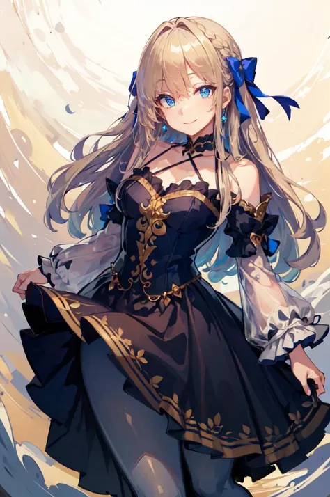 <lora:ShiokonbuV71:1>, ultra detailed, masterpiece, best quality, aesthetic, detailed,, solo, soft smile, light smile,
1girl, blue eyes, very long hair, blonde hair, long blonde hair, french braid, bangs, medium breasts,, hair ribbon, frilled choker, criss-cross halter, sleeveless dress, high-waist skirt, backless dress, waist bow, detached sleeves, frilled sleeves, wide sleeves, pantyhose, patterned legwear, mary janes,