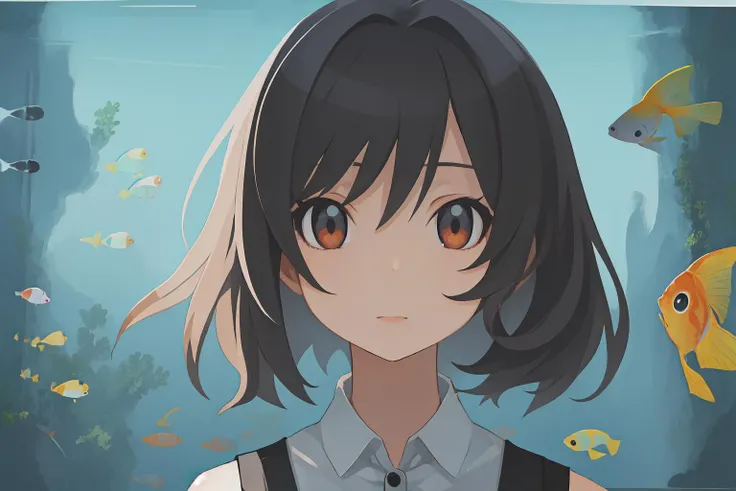 1girl, solo, head, portrait, eye, girl standing in front of fish tank looking through glass, <lora:disgaeastyle:0.8>