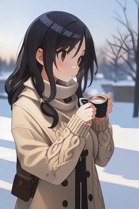 1girl, solo, winter, outdoors, cup of coffee, sweater, looking towards camera, <lora:disgaeastyle:1>
