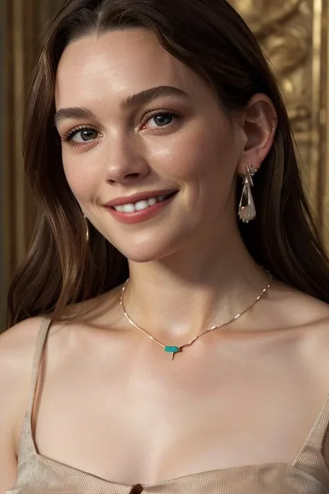 real, photoshoot, realistic, masterpiece, best quality, (detailed beautiful face, detail skin texture, ultra-detailed body:1.1),
<lora:VictoriaPedretti_lora_smf_v1-000003:0.9>, 1girl, v1ctor1aped-smf, jewelry, solo, realistic, earrings, necklace, long hair, smile, looking at viewer, brown hair, dress