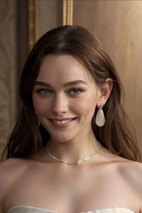 real, photoshoot, realistic, masterpiece, best quality, (detailed beautiful face, detail skin texture, ultra-detailed body:1.1),
<lora:VictoriaPedretti_lora_smf_v1-000003:0.9>, 1girl, v1ctor1aped-smf, jewelry, solo, realistic, earrings, necklace, long hair, smile, looking at viewer, brown hair, dress
