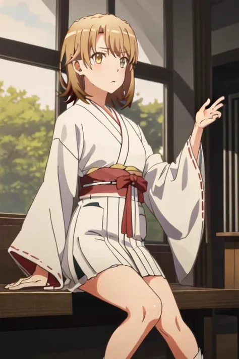best quality, masterpiece, highres, solo, {white kimono:1.35}, {red hakama:1.35}, {wide sleeves:1.20}, {isshiki_iroha_yahariorenoseishunlovecomewamachigatteiru:1.15}, brown_hair, short_hair, blazer, brown_eyes