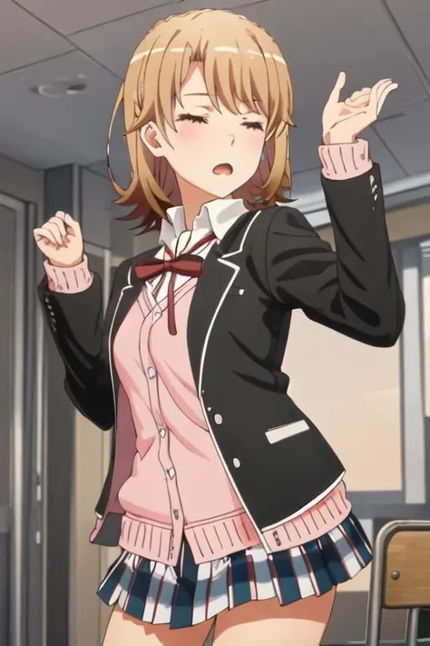 best quality, masterpiece, highres, solo, {isshiki_iroha_yahariorenoseishunlovecomewamachigatteiru:1.15}, brown_hair, short_hair, blazer, brown_eyes, 1girl, bangs, black_jacket, cardigan, collared_shirt, jacket, open_clothes, open_jacket, pink_cardigan, plaid, plaid_skirt, ribbon, school_uniform, shirt, skirt, sobu_high_school_uniform, white_shirt, neck_ribbon, pleated_skirt, red_ribbon, long_sleeves, closed_eyes, open_mouth, red_bow, standing