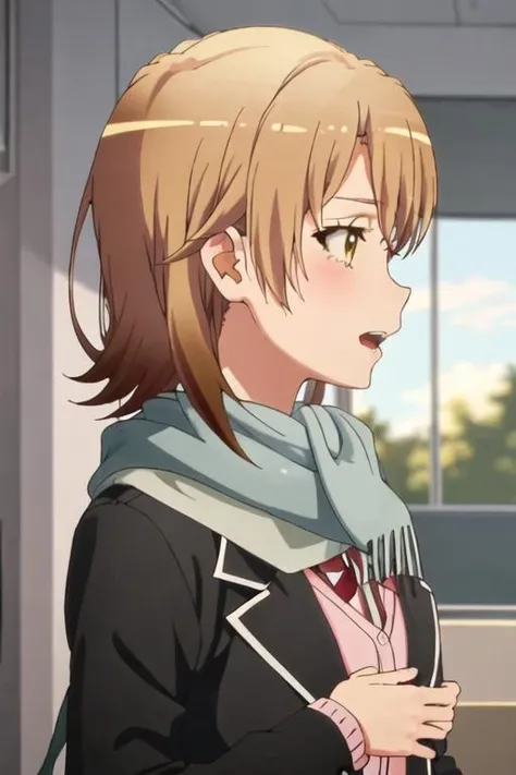 best quality, masterpiece, highres, solo, {isshiki_iroha_yahariorenoseishunlovecomewamachigatteiru:1.15}, brown_hair, short_hair, blazer, brown_eyes, 1girl, scarf, bangs, from_side, looking_at_viewer, profile, yellow_eyes, blush, open_mouth, portrait, school_uniform, upper_body