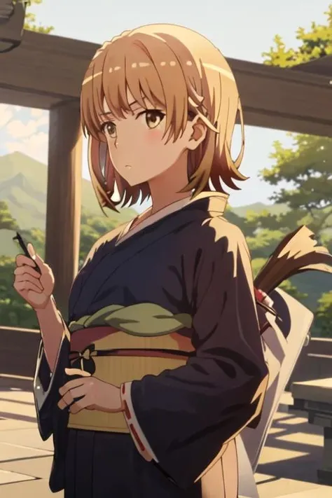 best quality, masterpiece, highres, solo, {yukata:1.40}, {kimono:1.20}, {isshiki_iroha_yahariorenoseishunlovecomewamachigatteiru:1.15}, brown_hair, short_hair, blazer, brown_eyes