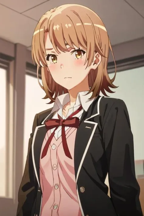 best quality, masterpiece, highres, solo, {isshiki_iroha_yahariorenoseishunlovecomewamachigatteiru:1.15}, brown_hair, short_hair, blazer, brown_eyes, 1girl, bangs, black_jacket, bow, cardigan, collared_shirt, jacket, looking_at_viewer, neck_ribbon, red_bow, red_ribbon, ribbon, school_uniform, shirt, sobu_high_school_uniform, upper_body, white_shirt, blush, closed_mouth, indoors, open_clothes, open_jacket, pink_cardigan