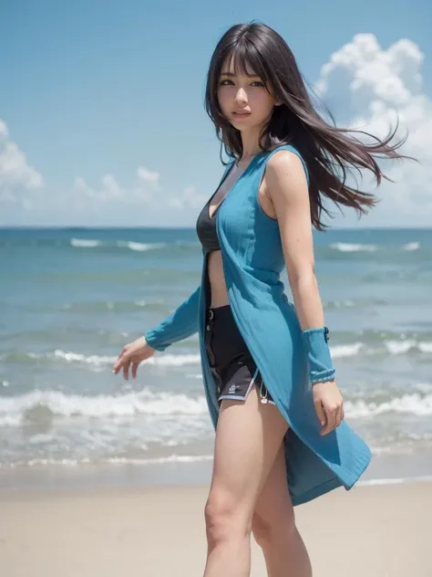 masterpiece, realistic, hyperrealistic, best quality, rinoa, long hair, black hair, arm warmers, sleeveless coat, black shirt, blue skirt, arm ribbon, upper body, from side, (smile), clouds, sea, beach, sand, <lora:rinoa-nvwls-v1:0.8>, wind, RAW photo, delicate, (intricate details:1.3), hyper detail, finely detailed, colorful, 1girl, solo, 8k uhd, film grain, sun light, (photorealistic:1.3), (detailed skin:1.2), (nose blush),beautiful detailed eyes, skin textures, full body, walking,