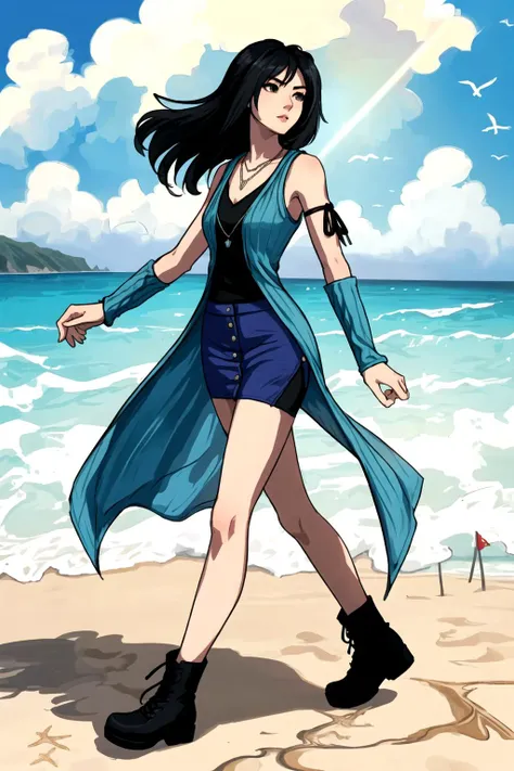 Rinoa, face of Rinoa Heartilly, eyeliner, very slim, sexy nostalgic expression,
arm warmers, necklace, sleeveless coat, black shirt, blue skirt, arm ribbon, bike shorts, boots,
long hair, black hair, upper body, from side, clouds, sea, beach, sand,
full body, walking,
wind, delicate, colorful, sunlight
<lora:rinoa-nvwls-v1:1.0>