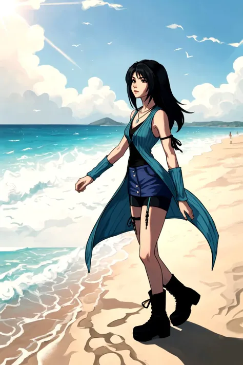 Rinoa, face of Rinoa Heartilly, eyeliner, very slim, sexy nostalgic expression,
arm warmers, necklace, sleeveless coat, black shirt, blue skirt, arm ribbon, bike shorts, boots,
long hair, black hair, upper body, from side, clouds, sea, beach, sand,
full body, walking,
wind, delicate, colorful, sunlight
<lora:rinoa-nvwls-v1:1.0>