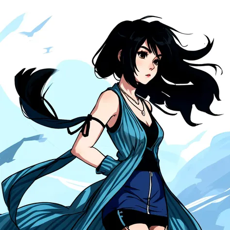 Rinoa, face of Rinoa Heartilly, eyeliner, very slim, sexy nostalgic expression,
standing at the end of the world,
arm warmers, necklace, sleeveless coat, black shirt, blue skirt, arm ribbon, bike shorts, boots,
long hair, black hair, upper body, from side,
wind, delicate, colorful
<lora:rinoa-nvwls-v1:1.0>