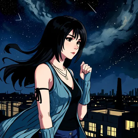 Rinoa, face of Rinoa Heartilly, eyeliner, very slim, sexy nostalgic expression,
starry night, city ruins in the background, apocaliptic,
arm warmers, necklace, sleeveless coat, black shirt, blue skirt, arm ribbon, bike shorts, boots,
long hair, black hair, upper body, from side,
wind, delicate, colorful
<lora:rinoa-nvwls-v1:1.0>