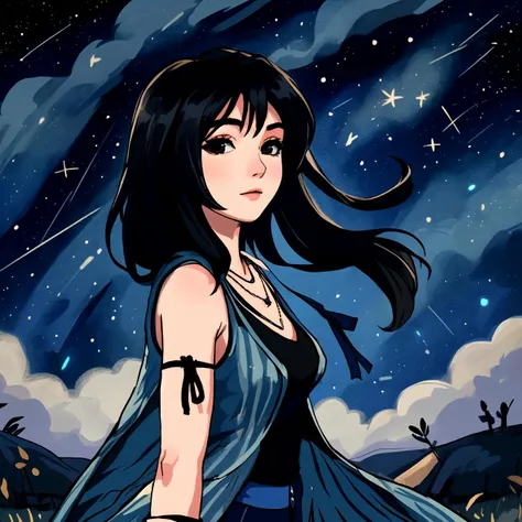 Rinoa, face of Rinoa Heartilly, eyeliner, very slim, sexy nostalgic expression,
starry night,
arm warmers, necklace, sleeveless coat, black shirt, blue skirt, arm ribbon, bike shorts, boots,
long hair, black hair, upper body, from side,
wind, delicate, colorful
<lora:rinoa-nvwls-v1:1.0>