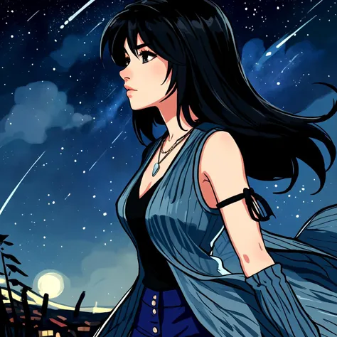 Rinoa, face of Rinoa Heartilly, eyeliner, very slim, sexy nostalgic expression,
starry night,
arm warmers, necklace, sleeveless coat, black shirt, blue skirt, arm ribbon, bike shorts, boots,
long hair, black hair, upper body, from side,
wind, delicate, colorful
<lora:rinoa-nvwls-v1:1.0>
