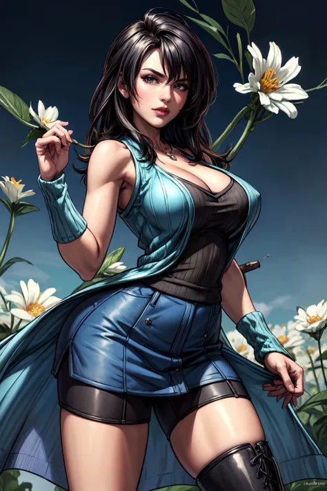 (masterpiece, 8k, 4k, extremely detailed,  dynamic shading, best quality, absurdres:1.4) nice hands, perfect hands, mature, milf, sexy, (huge tits:1.1) <lora:more_details:0.8> <lora:colorize:0.5> <lora:rinoa-nvwls-v2:0.8>  rinoa, arm warmers, necklace, long sleeveless ribbed knit jacket, sleeveless coat, black tank top, blue skirt, arm ribbon, blue short skirt with black bike shorts, boots, standing in a field of  white flowers,