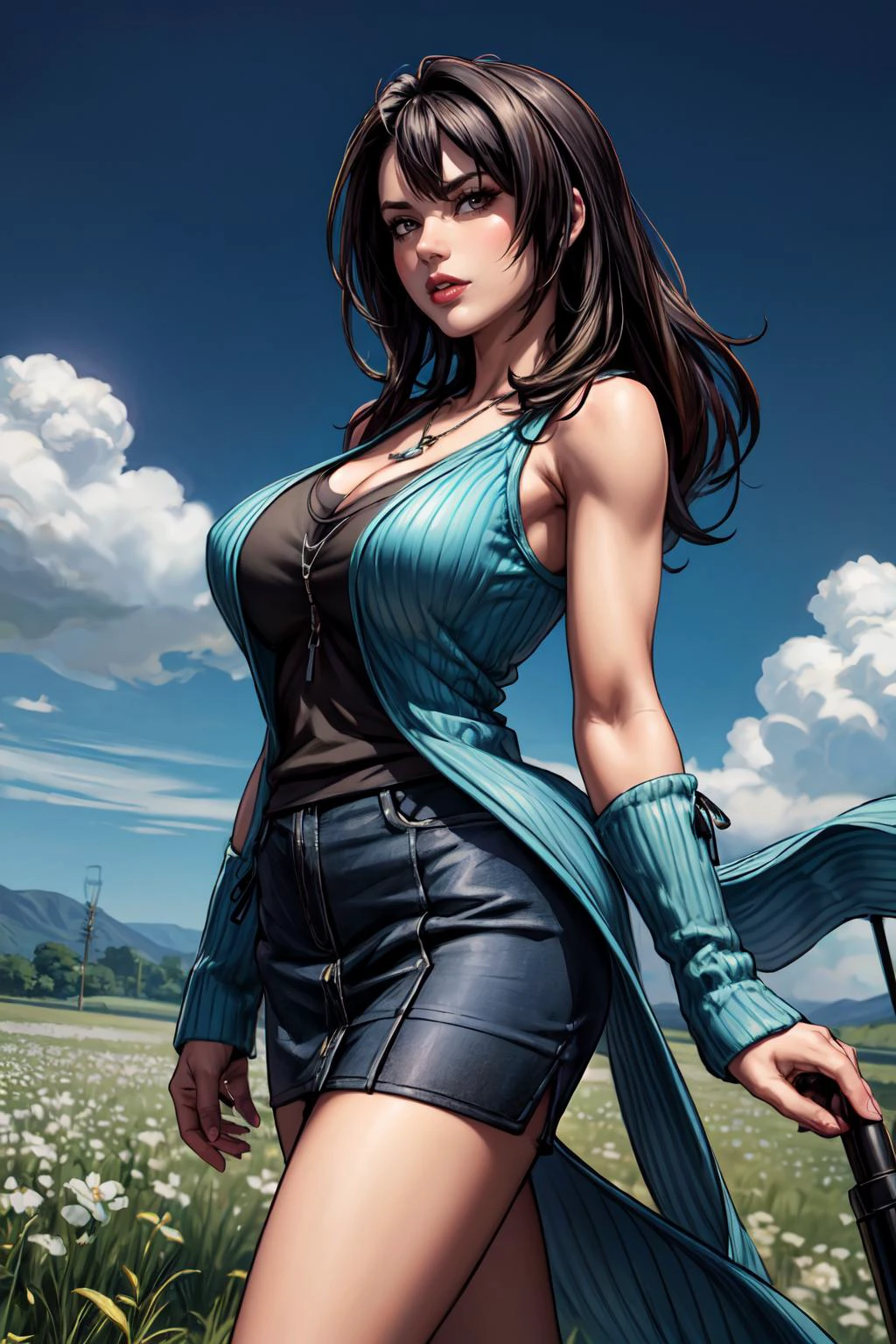 (masterpiece, 8k, 4k, extremely detailed, dynamic shading, best quality, absurdres:1.4) nice hands, perfect hands, mature, milf, sexy, (huge tits:1.1) <lora:more_details:0.8> <lora:colorize:0.5> <lora:rinoa-nvwls-v2:0.8> rinoa, arm warmers, necklace, long sleeveless ribbed knit jacket, sleeveless coat, black tank top, blue skirt, arm ribbon, blue short skirt with black bike shorts, boots, standing in a field of white flowers,