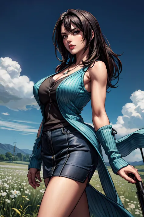 (masterpiece, 8k, 4k, extremely detailed,  dynamic shading, best quality, absurdres:1.4) nice hands, perfect hands, mature, milf, sexy, (huge tits:1.1) <lora:more_details:0.8> <lora:colorize:0.5> <lora:rinoa-nvwls-v2:0.8>  rinoa, arm warmers, necklace, long sleeveless ribbed knit jacket, sleeveless coat, black tank top, blue skirt, arm ribbon, blue short skirt with black bike shorts, boots, standing in a field of  white flowers,