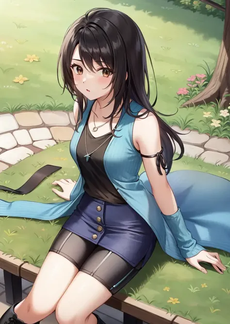 masterpiece, best quality, rinoa, arm warmers, necklace, sleeveless coat, black shirt, blue skirt, arm ribbon, bike shorts, boots, park bench, looking at viewer, cobblestone road <lora:rinoa-nvwls-v2-000010:0.9>
