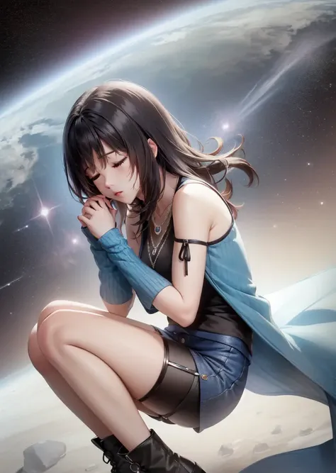 masterpiece, best quality, rinoa, arm warmers, necklace, sleeveless coat, black shirt, blue skirt, arm ribbon, bike shorts, boots, closed eyes, fetal position, floating in air, outer space <lora:rinoa-nvwls-v2-000010:0.9>