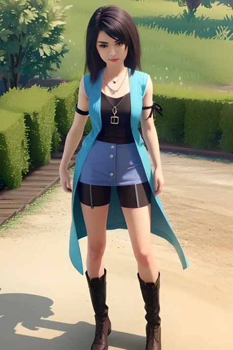 1 girl, solo, casting fire , garden, rinoa,arm warmers, necklace, sleeveless coat, black shirt, blue skirt, arm ribbon, bike shorts, boots,<lora:rinoa-nvwls-v1:0.8>, (((3d, video game))),masterpiece, best quality, intricate details, 8k uhd, perfect face, perfect eyes