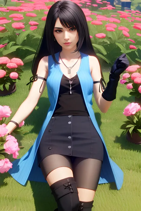 1 girl,  solo, lying on flowers , garden, rinoa,arm warmers, necklace, sleeveless coat, black shirt, blue skirt, arm ribbon, bike shorts, boots,<lora:rinoa-nvwls-v1:0.8>, (((3d, video game))),masterpiece, best quality, intricate details, 8k uhd, perfect face, perfect eyes