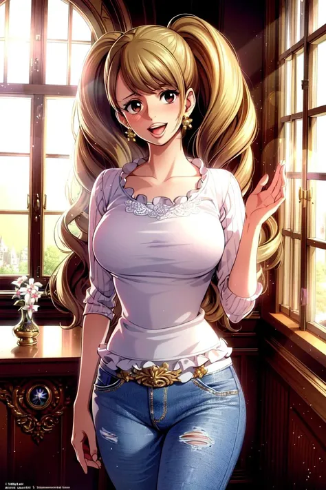 ultra realistic 8k cg, masterpiece, ((ultra detailed background, delicate pattern, intricate detail, highly detailed, fine details best quality, hyperdetailed face)), (photorealistic:1.4),beautiful lighting, absurdres, RAW photo, film grain, PuddingChan, 1girl, solo, ((slim girl, medium breasts, white T-shirt, jeans, simple T-shirt)), long hair, brown eyes, twintails, smile, open mouth, jewelry, earrings, dress, collarbone, blush, ((complex detailed background, inside, castle room environment, medieval castle, gray walls, window, bookshelf)) ((cowboy shot)),  <lora:PuddingChan:0.75>