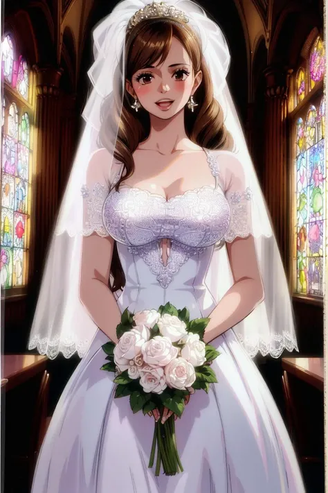ultra realistic 8k cg, masterpiece, ((ultra detailed background, delicate pattern, intricate detail, highly detailed, fine details best quality, hyperdetailed face)), (photorealistic:1.4),beautiful lighting, absurdres, RAW photo, film grain, PuddingChan, 1girl, solo, ((slim girl, medium breasts)), long hair, brown eyes, twintails, smile, open mouth, jewelry, earrings, dress, collarbone, blush, ((complex detailed background, chapel environment, chapel windows, wedding dress, transparent veil, bridal veil, inside)) ((cowboy shot)), <lora:PuddingChan:0.7>