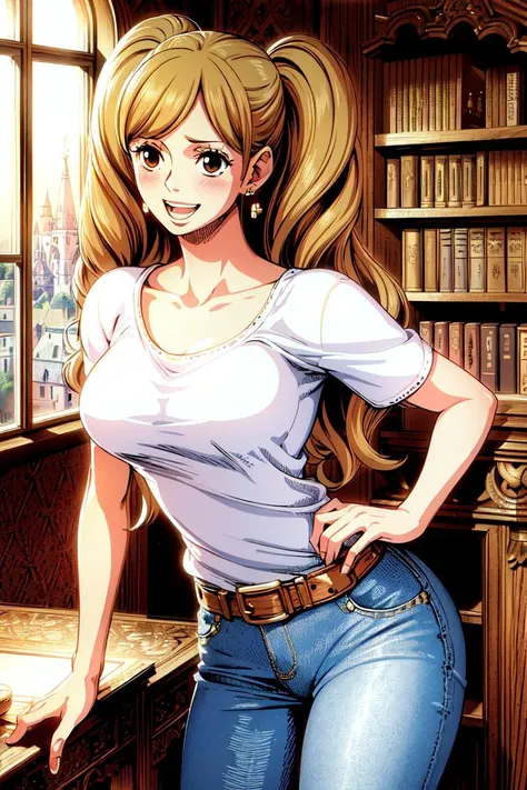 ultra realistic 8k cg, masterpiece, ((ultra detailed background, delicate pattern, intricate detail, highly detailed, fine details best quality, hyperdetailed face)), (photorealistic:1.4),beautiful lighting, absurdres, RAW photo, film grain, PuddingChan, 1girl, solo, ((slim girl, medium breasts, white T-shirt, jeans, simple T-shirt)), long hair, brown eyes, twintails, smile, open mouth, jewelry, earrings, dress, collarbone, blush, ((complex detailed background, inside, castle room environment, medieval castle, gray walls, window, bookshelf)) ((cowboy shot)), <lora:PuddingChan:0.75>