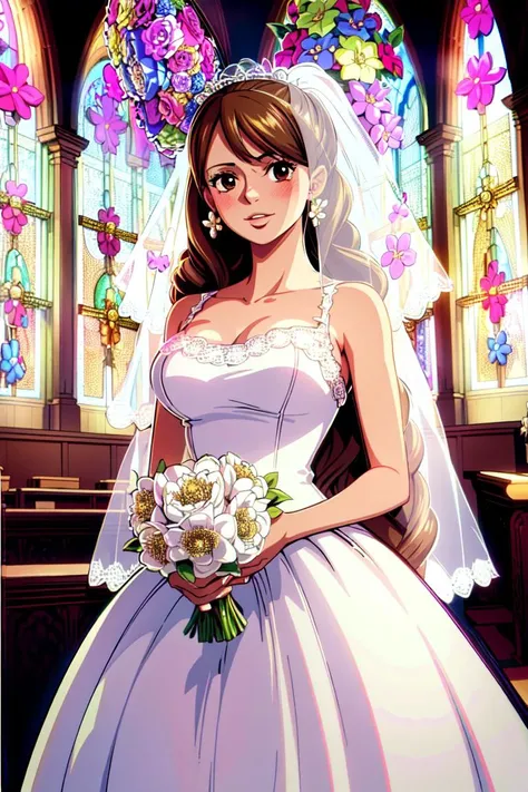 ultra realistic 8k cg, masterpiece, ((ultra detailed background, delicate pattern, intricate detail, highly detailed, fine details best quality, hyperdetailed face)), (photorealistic:1.4),beautiful lighting, absurdres, RAW photo, film grain, PuddingChan, 1girl, solo, ((slim girl, medium breasts)), long hair, brown eyes, twintails, smile, open mouth, jewelry, earrings, dress, collarbone, blush, ((complex detailed background, chapel environment, chapel windows, wedding dress, transparent veil, bridal veil, inside, flower)) ((cowboy shot)), <lora:PuddingChan:0.75>