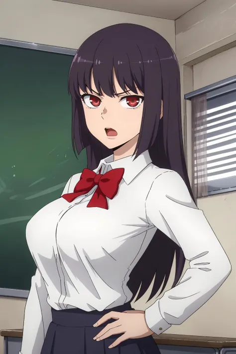 ((best quality)),((highly detailed)),masterpiece,absurdres,detailed face,beautiful face,(detailed eyes, deep eyes),1girl,((dynamic pose)),  <lora:SanaV1:0.7>sana, purple hair, long hair, solo, red eyes, school uniform, open mouth, bow, large breasts, chalkboard, classroom, cowboy shot, school, indoors, hand on hip, desk, shirt, angry, looking at viewer, dress shirt