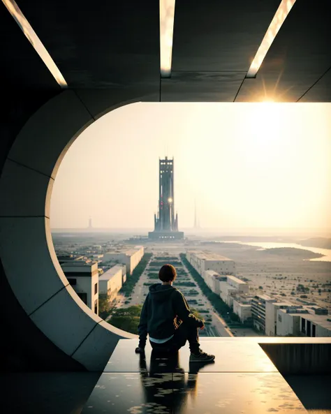 a man sitting on a ledge looking at a city , Beeple, cinema 4 d, digital art, computer art